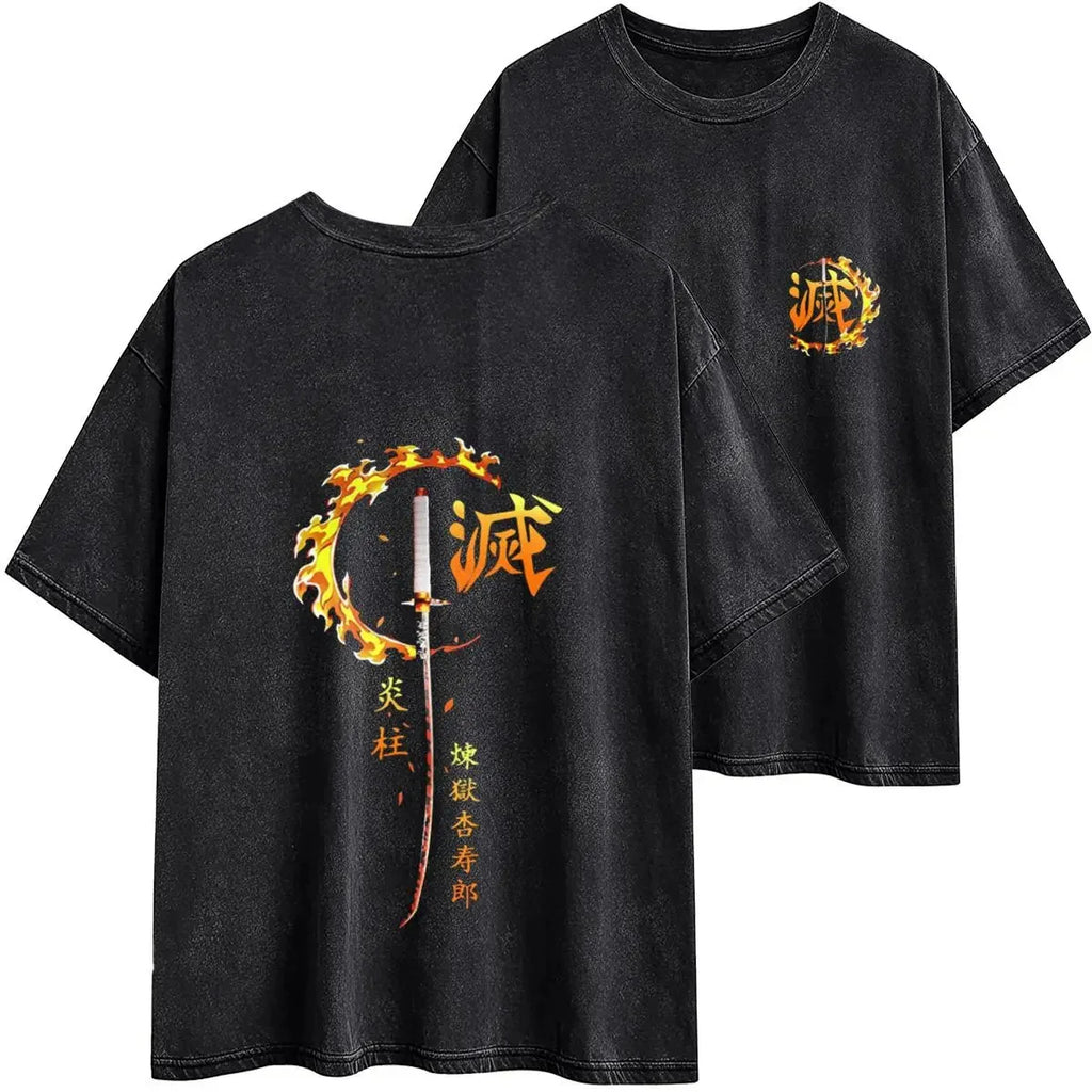 Kyojuro Rengoku Katana 90s Graphic Tee ¡§C Demon Slayer Unisex Black Cotton Blend T-Shirt