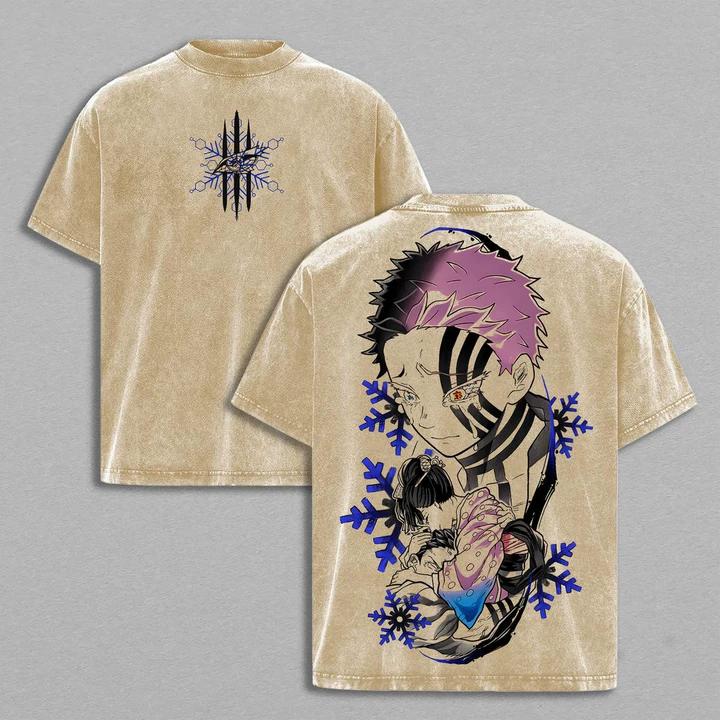 Akaza vs Koyuki Washed Oversized Tee ¡§C Demon Slayer Vintage Heavy Cotton Anime T-Shirt